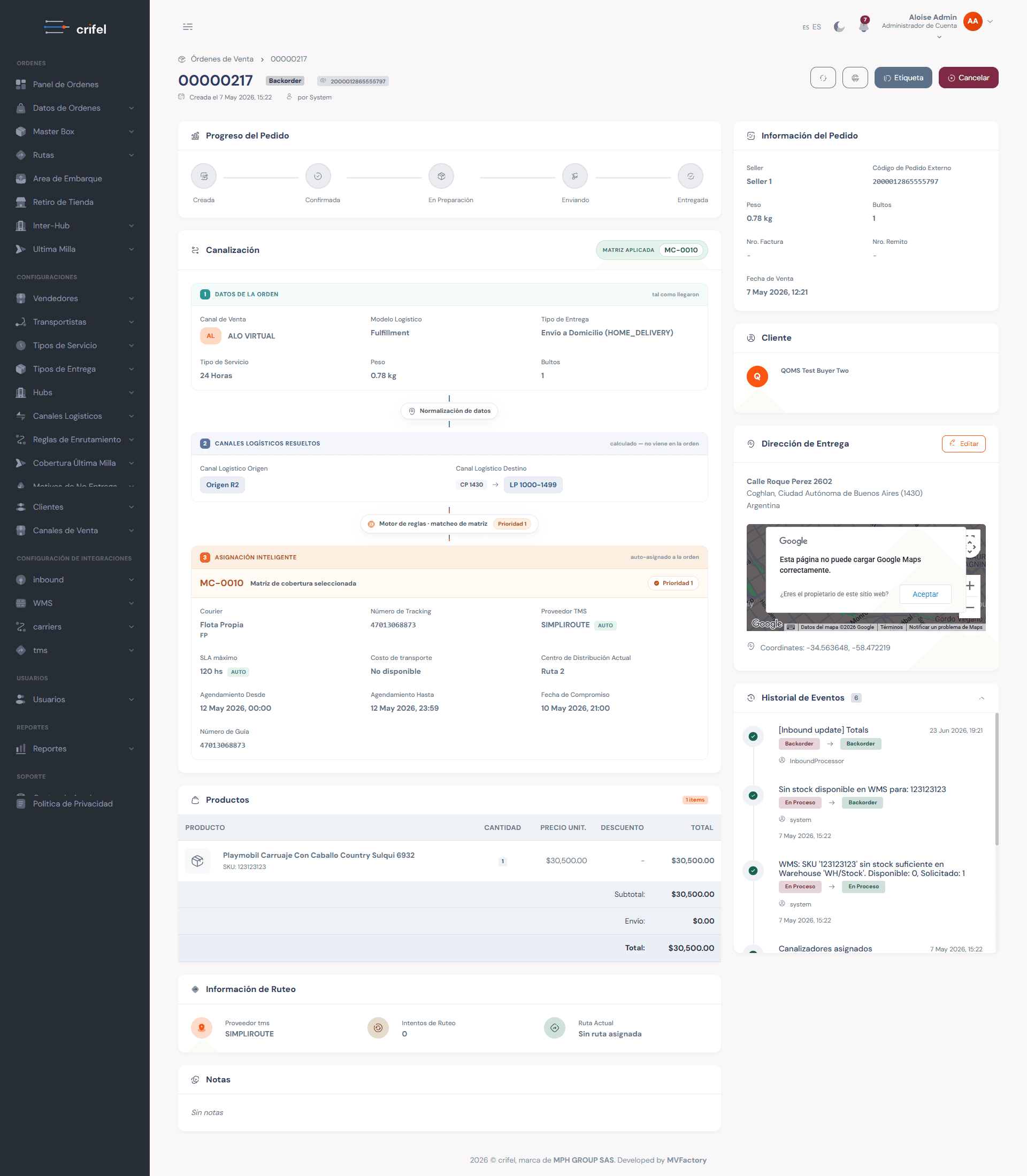 Order detail screen
